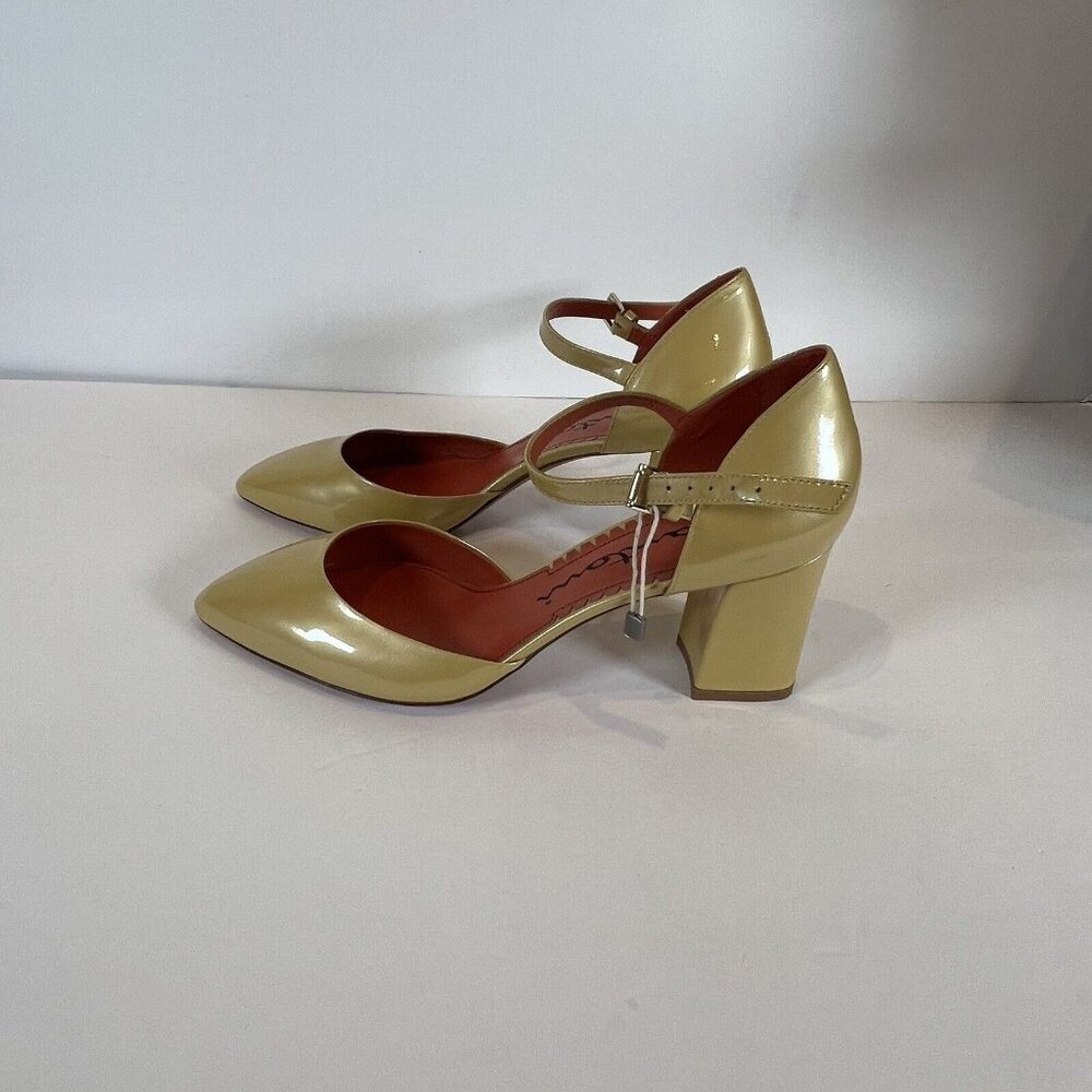 Santoni D'Orsay Block Heel Patent Yellow Gold Ankle Strap 39